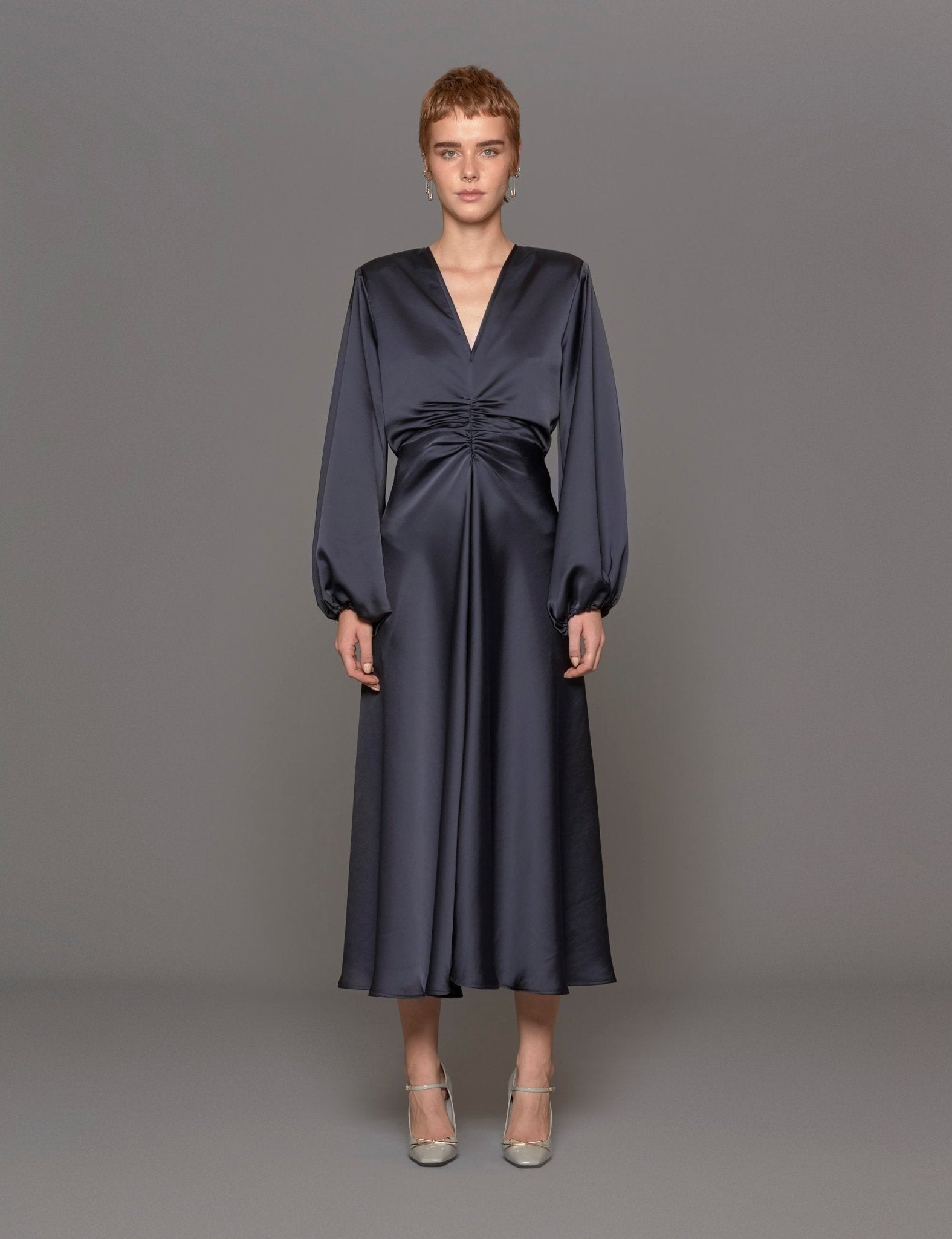 abito arricciato raso blu - blufrida - abito