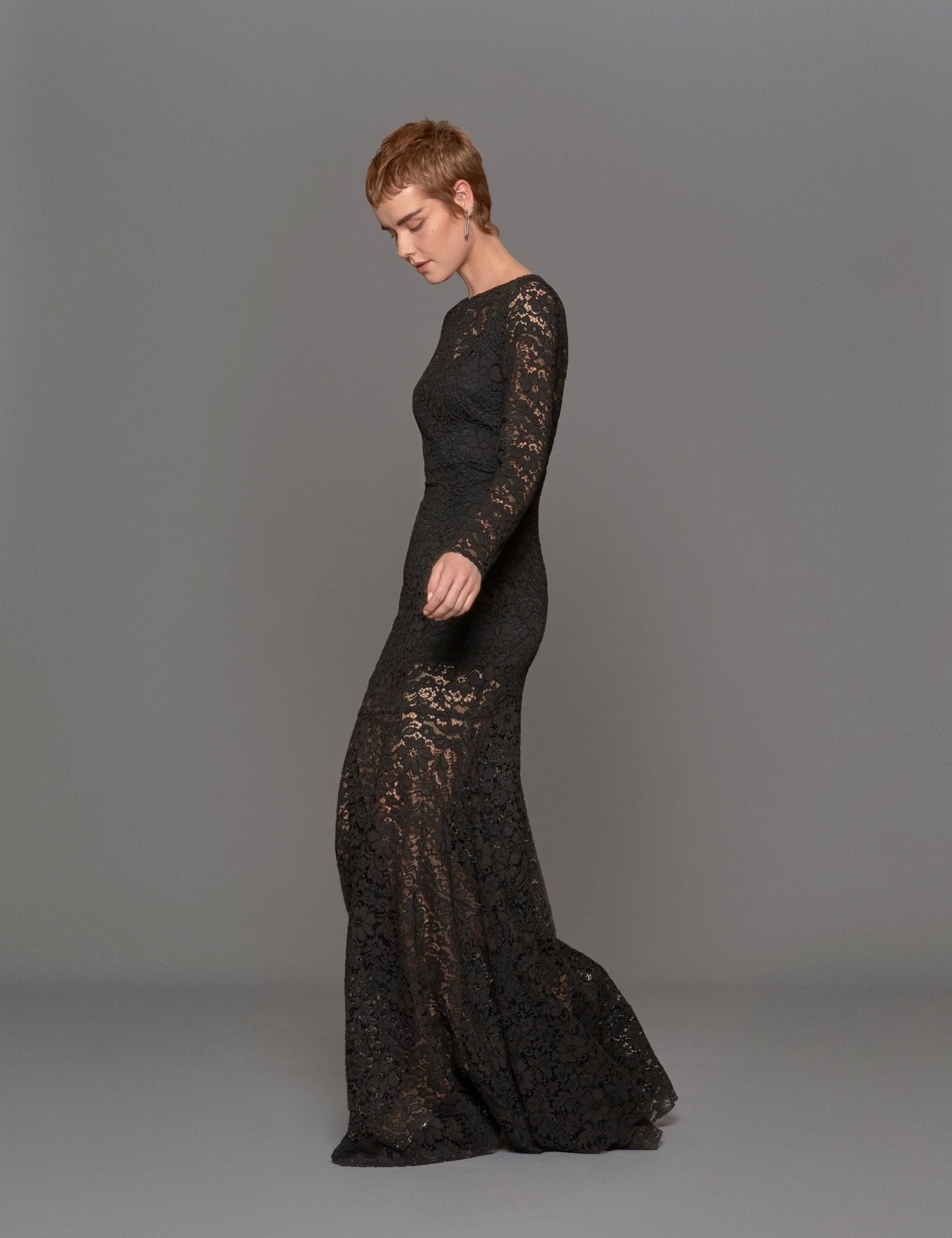 abito lungo girocollo pizzo nero - blufrida - abito