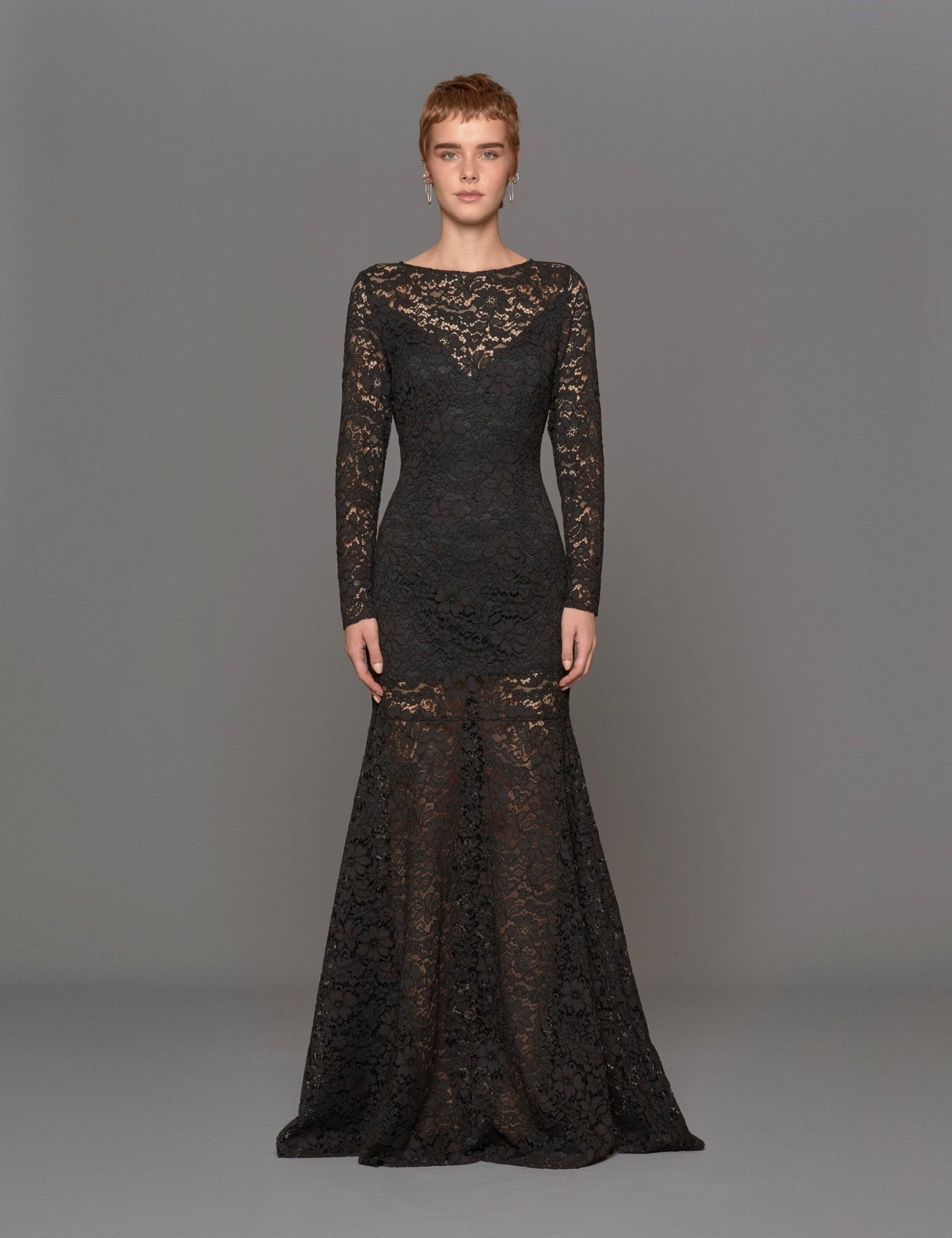 abito lungo girocollo pizzo nero - blufrida - abito