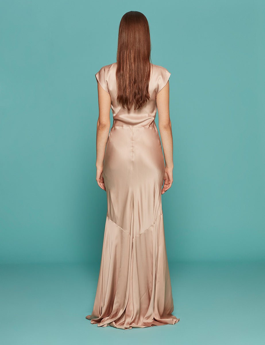 abito lungo ricamo palme raso viscosa cipria - n21 alessandro dell'acqua - abito