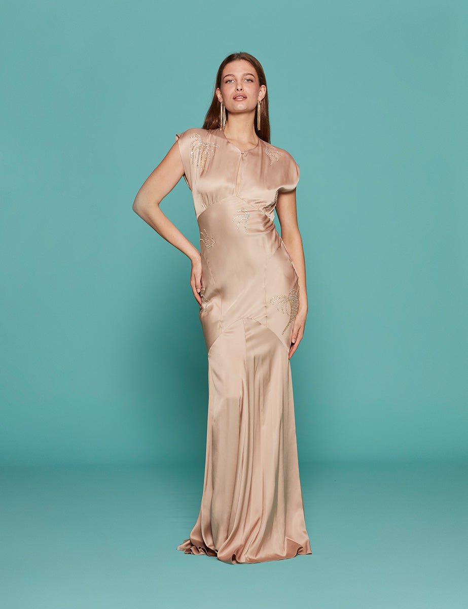 abito lungo ricamo palme raso viscosa cipria - n21 alessandro dell'acqua - abito