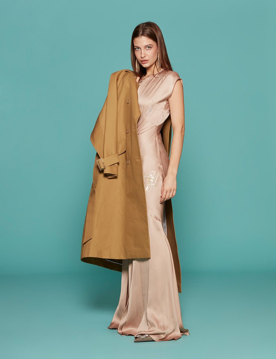 abito lungo ricamo palme raso viscosa cipria - n21 alessandro dell'acqua - abito