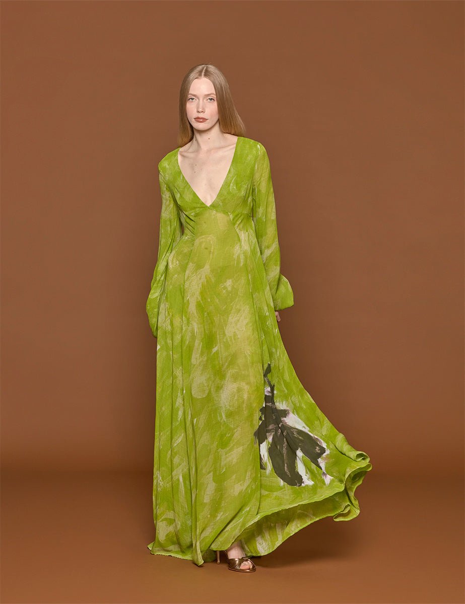 abito lungo seta verde acido - stella jean - abito