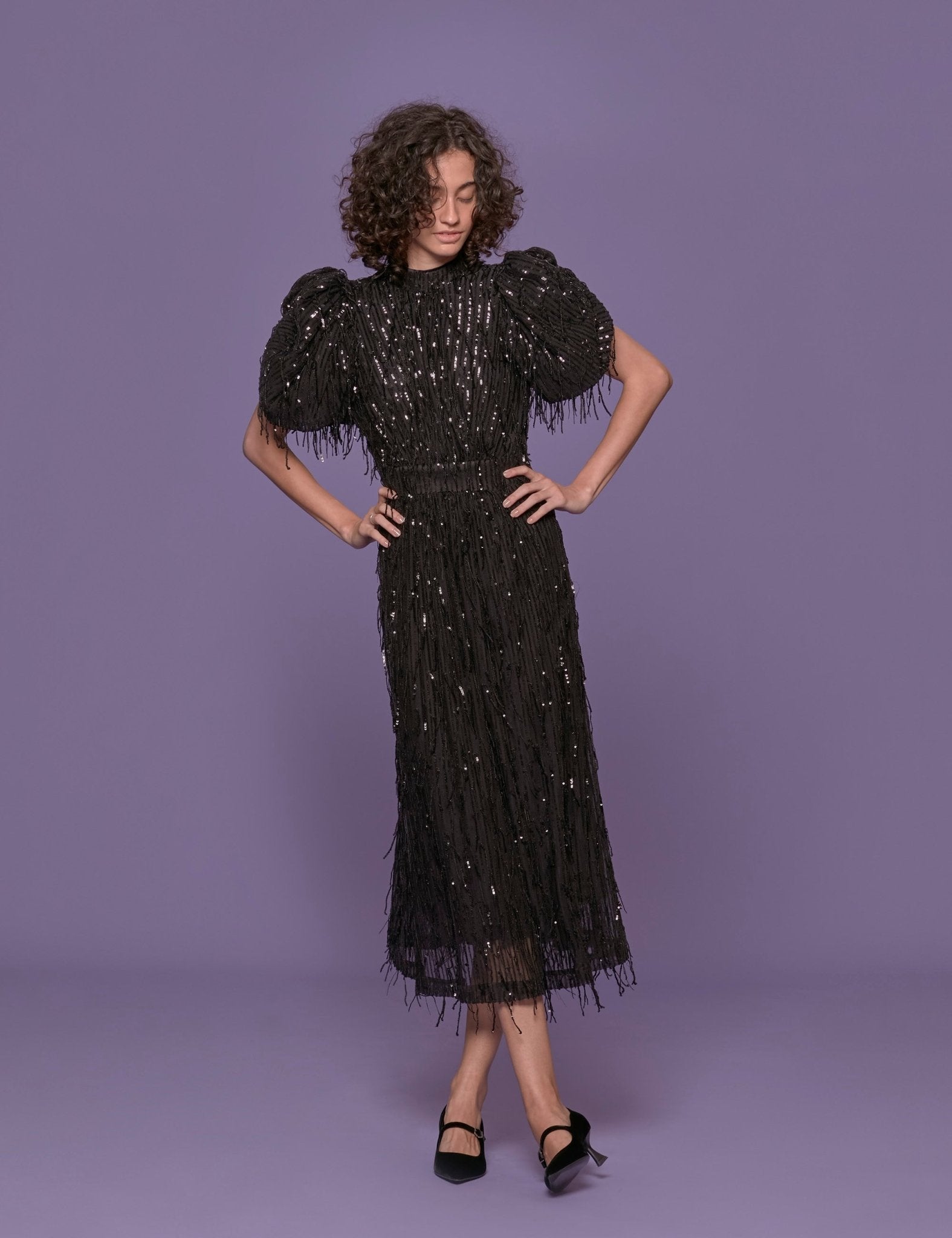 abito midi frange nero - rotate - abito