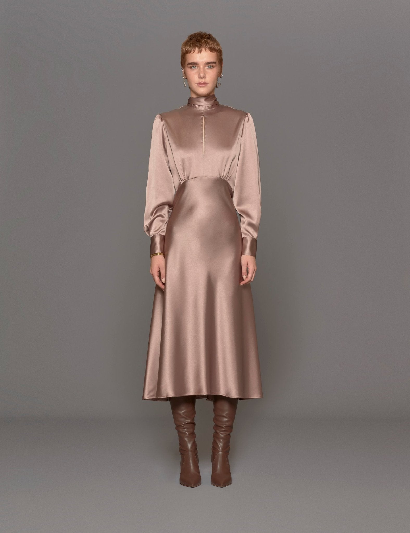 abito raso fiocco taupe - blufrida - abito