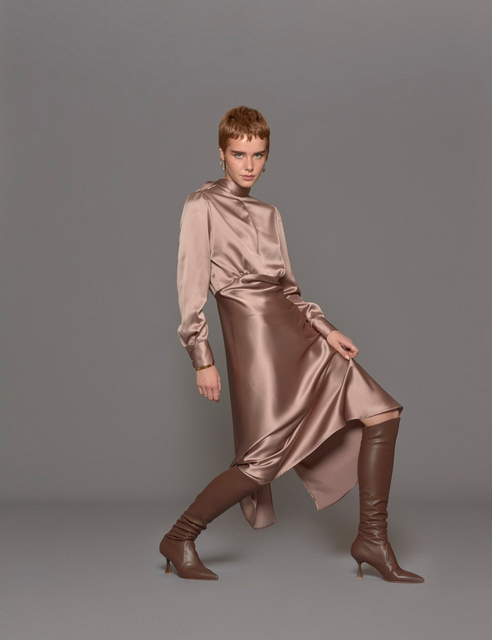 abito raso fiocco taupe - blufrida - abito