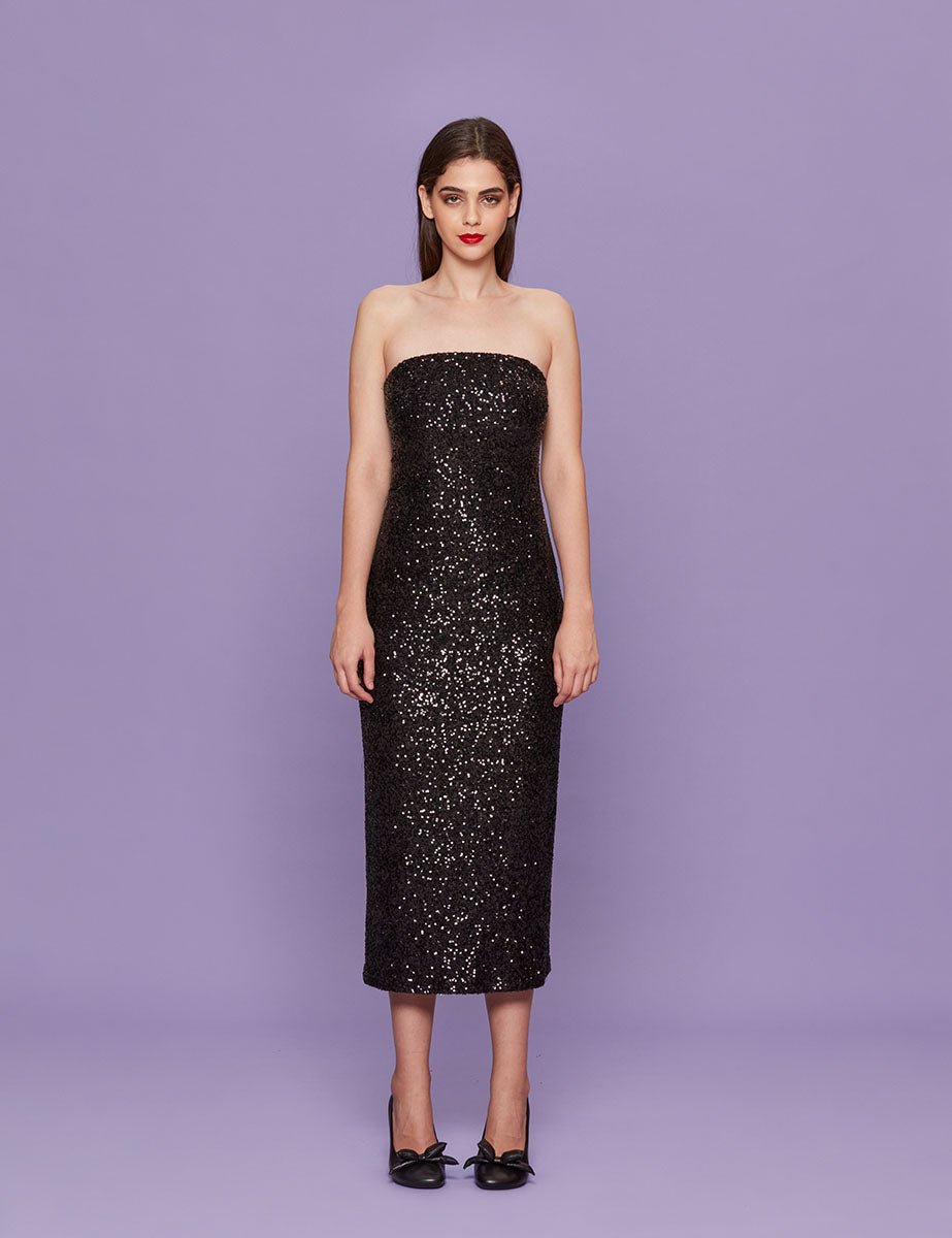 abito tubino paillettes nero - blufrida - abito