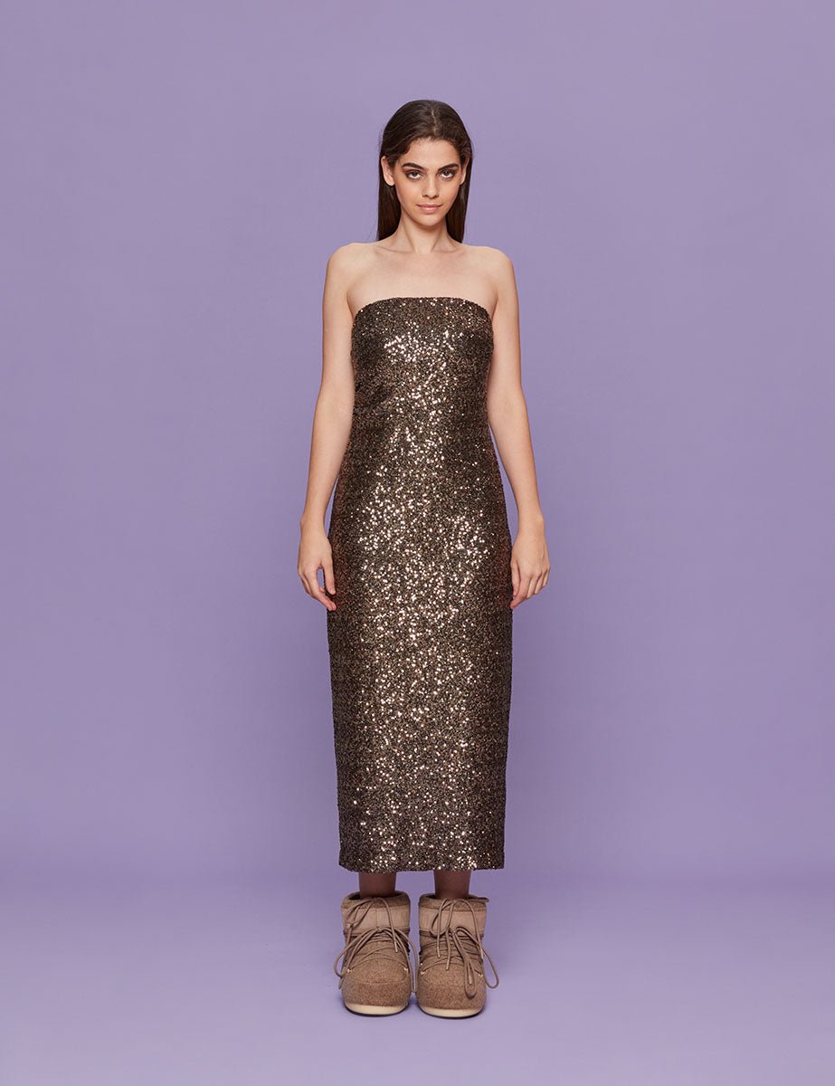 abito tubino paillettes taupe - blufrida - abito
