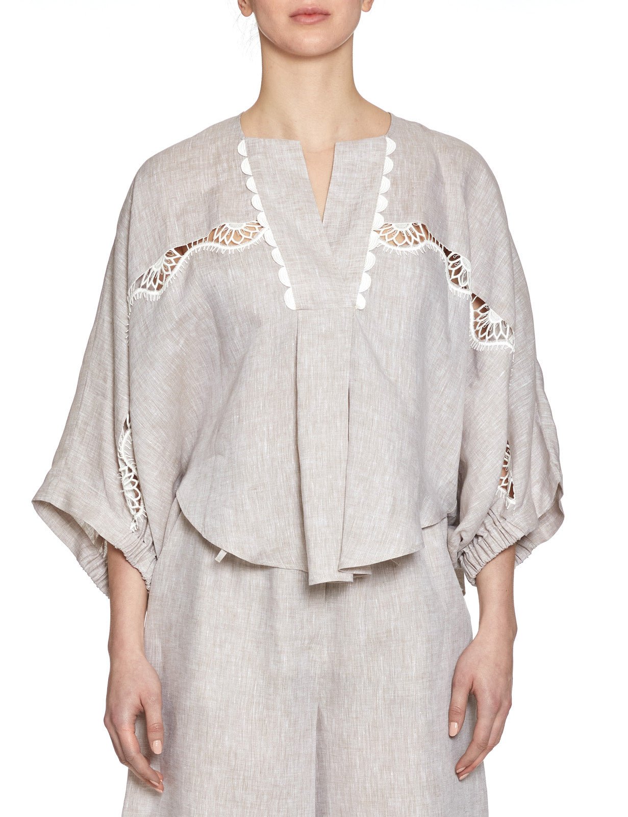 blusa lino ricamo sabbia - beatrice b - camicia manica lunga