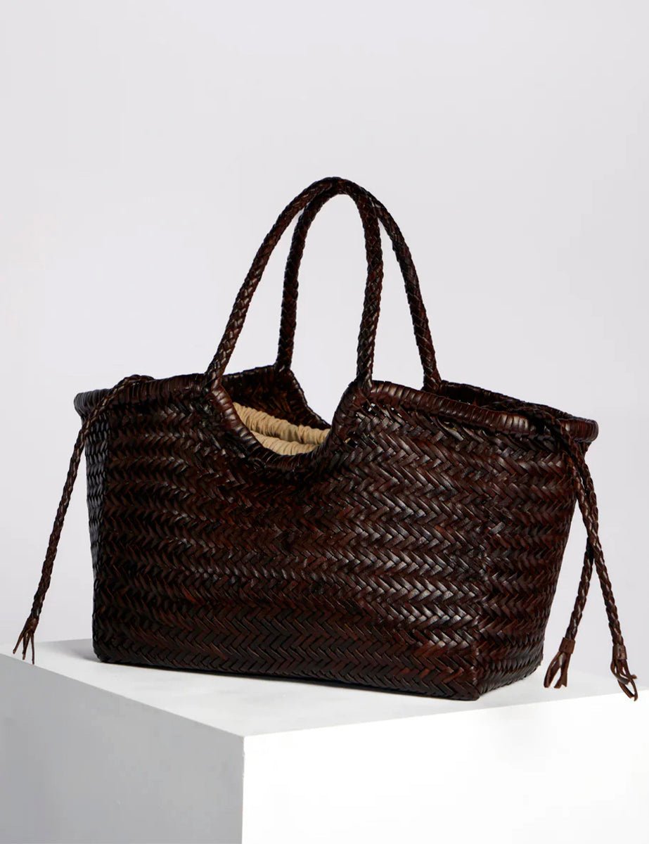 borsa intreccio pelle tela cioccolato - vipera - shopper