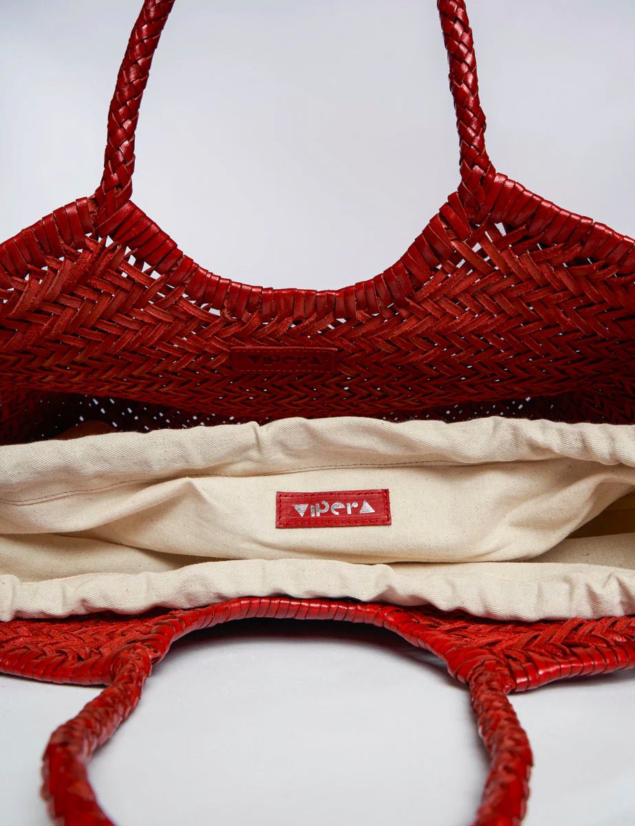 borsa intreccio pelle tela rosso - vipera - shopper