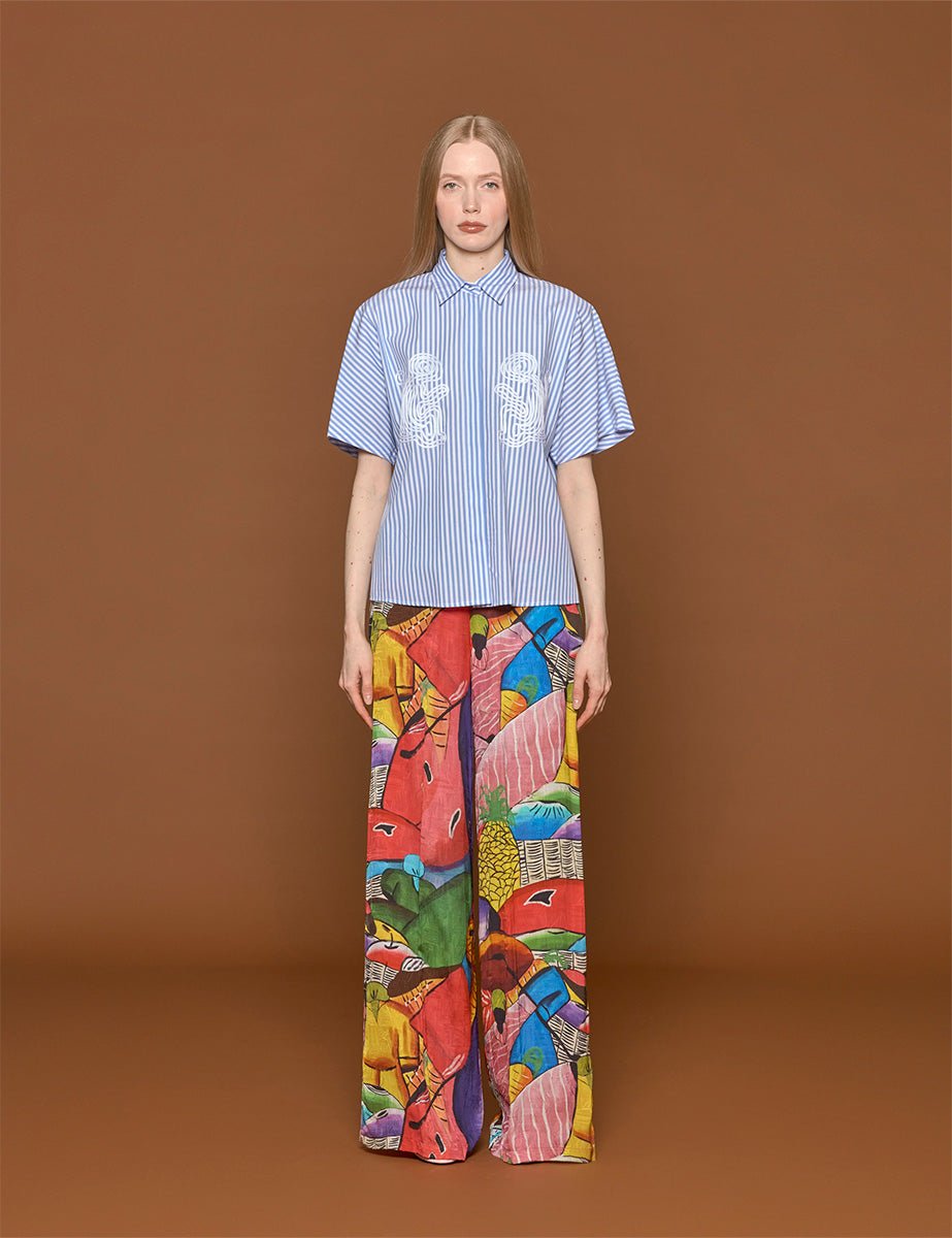 camicia bastoncino ricamo scimmie azzurro - stella jean - camicia manica corta