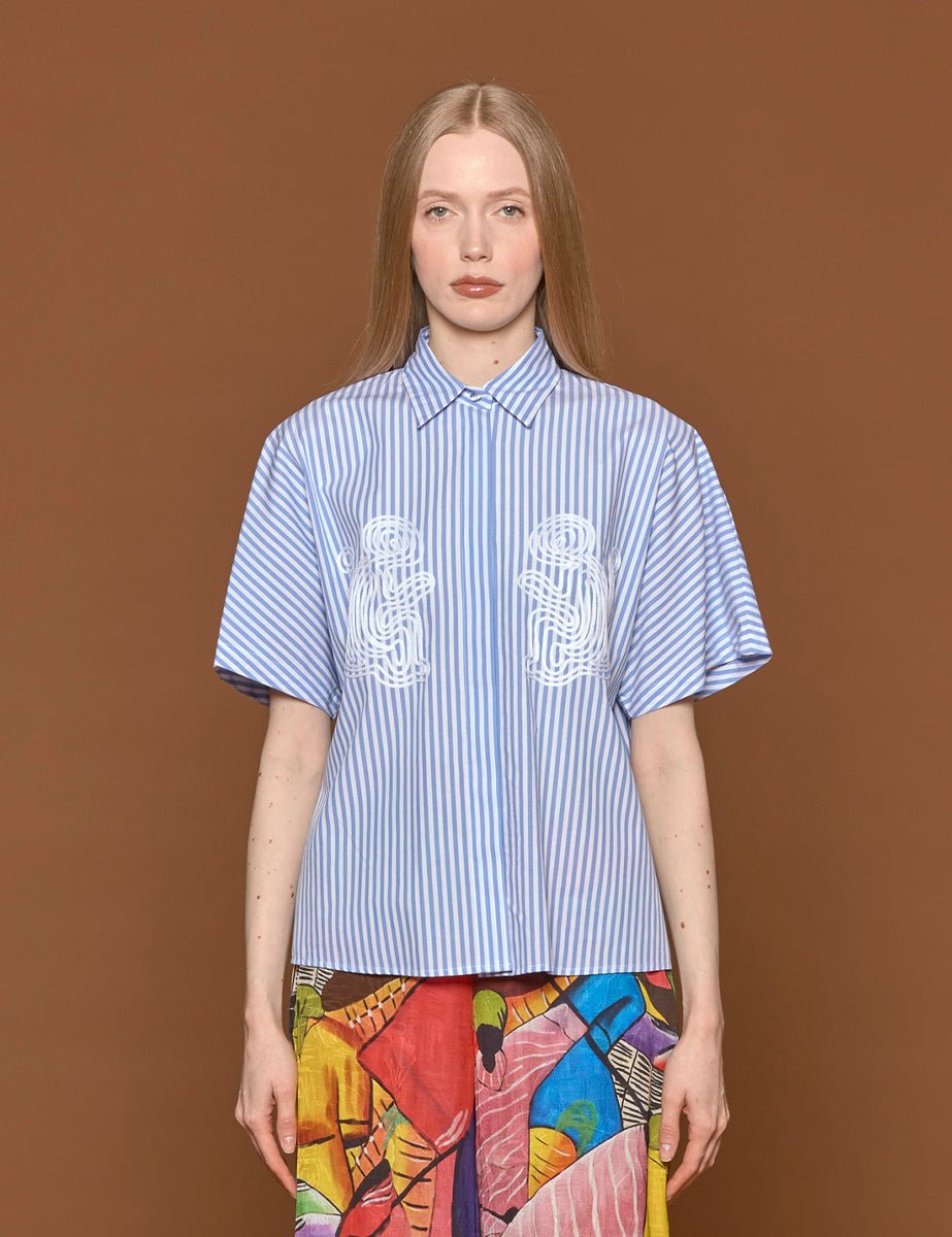 camicia bastoncino ricamo scimmie azzurro - stella jean - camicia manica corta