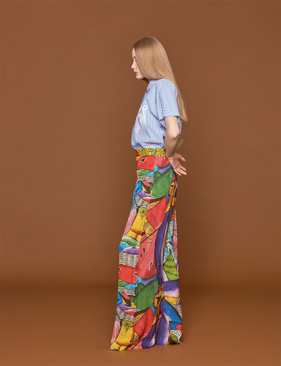 camicia bastoncino ricamo scimmie azzurro - stella jean - camicia manica corta