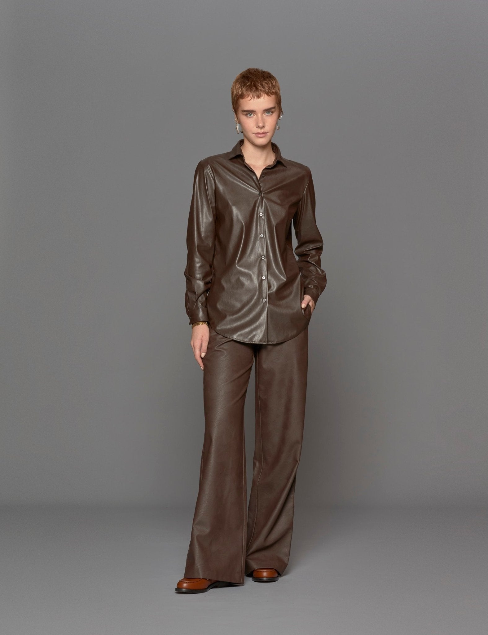 camicia ecopelle marrone - blufrida - camicia manica lunga