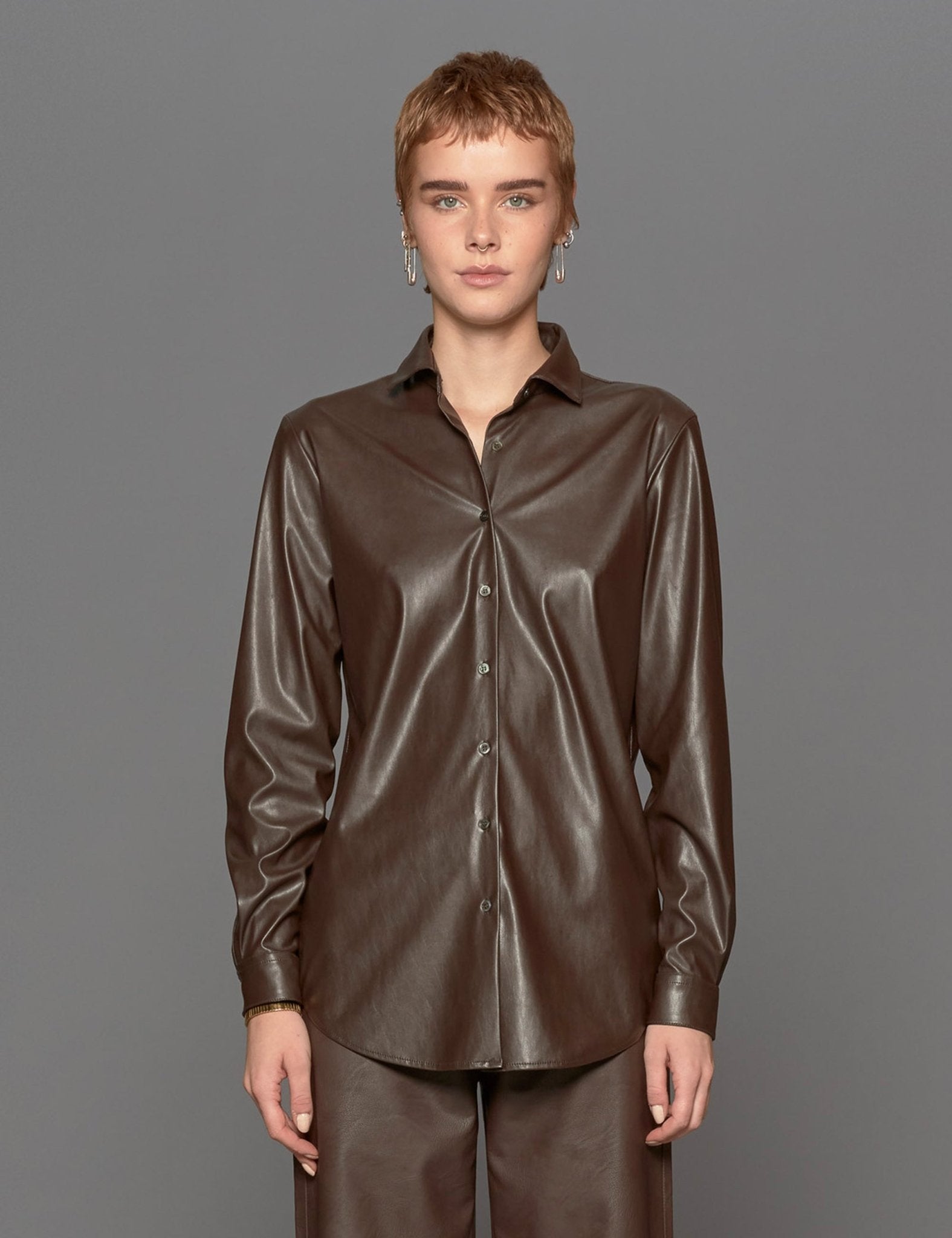 camicia ecopelle marrone - blufrida - camicia manica lunga