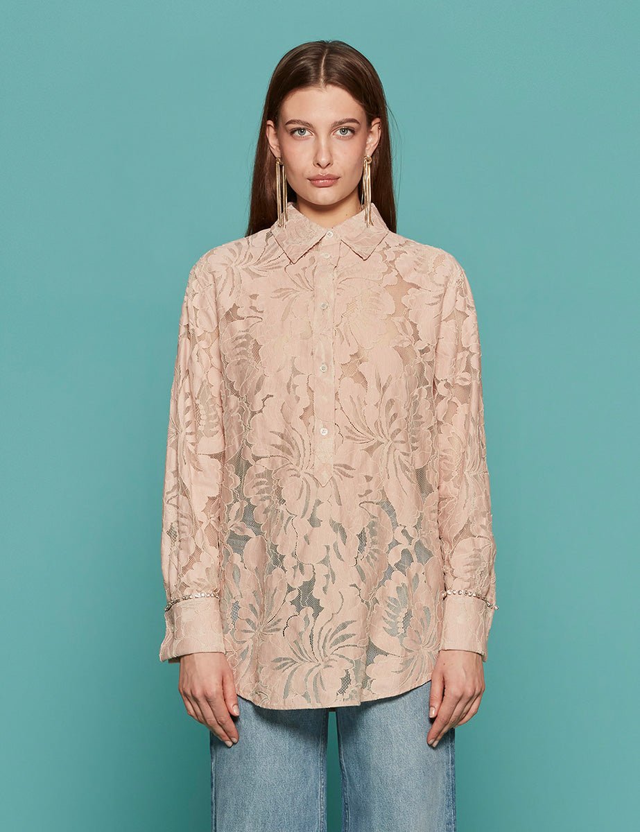 camicia pizzo strass cipria - n21 alessandro dell'acqua - camicia manica lunga