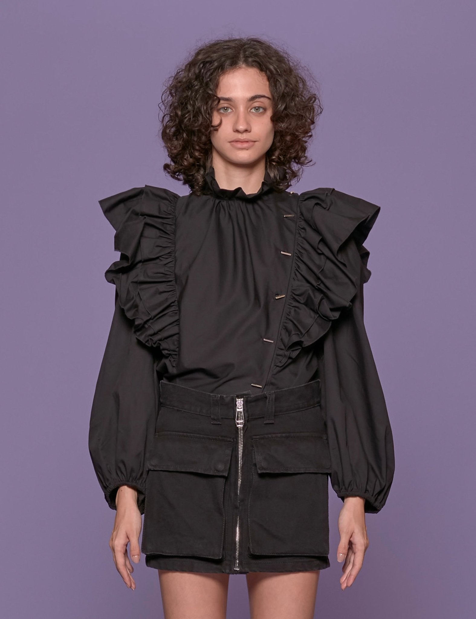 camicia popelin colletto alto nero - the label edition - camicia manica lunga