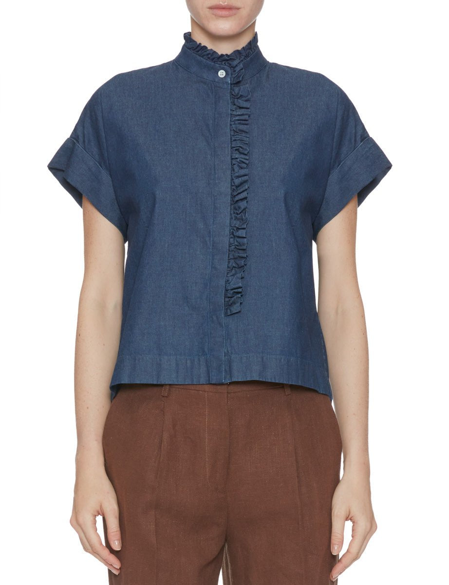 camicia rouches jeans denim blu scuro - mazzarelli - camicia manica corta