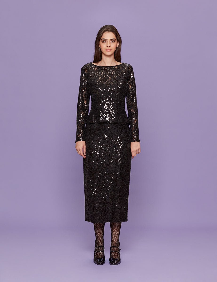 gonna loungette pizzo paillettes nero - blufrida - gonna