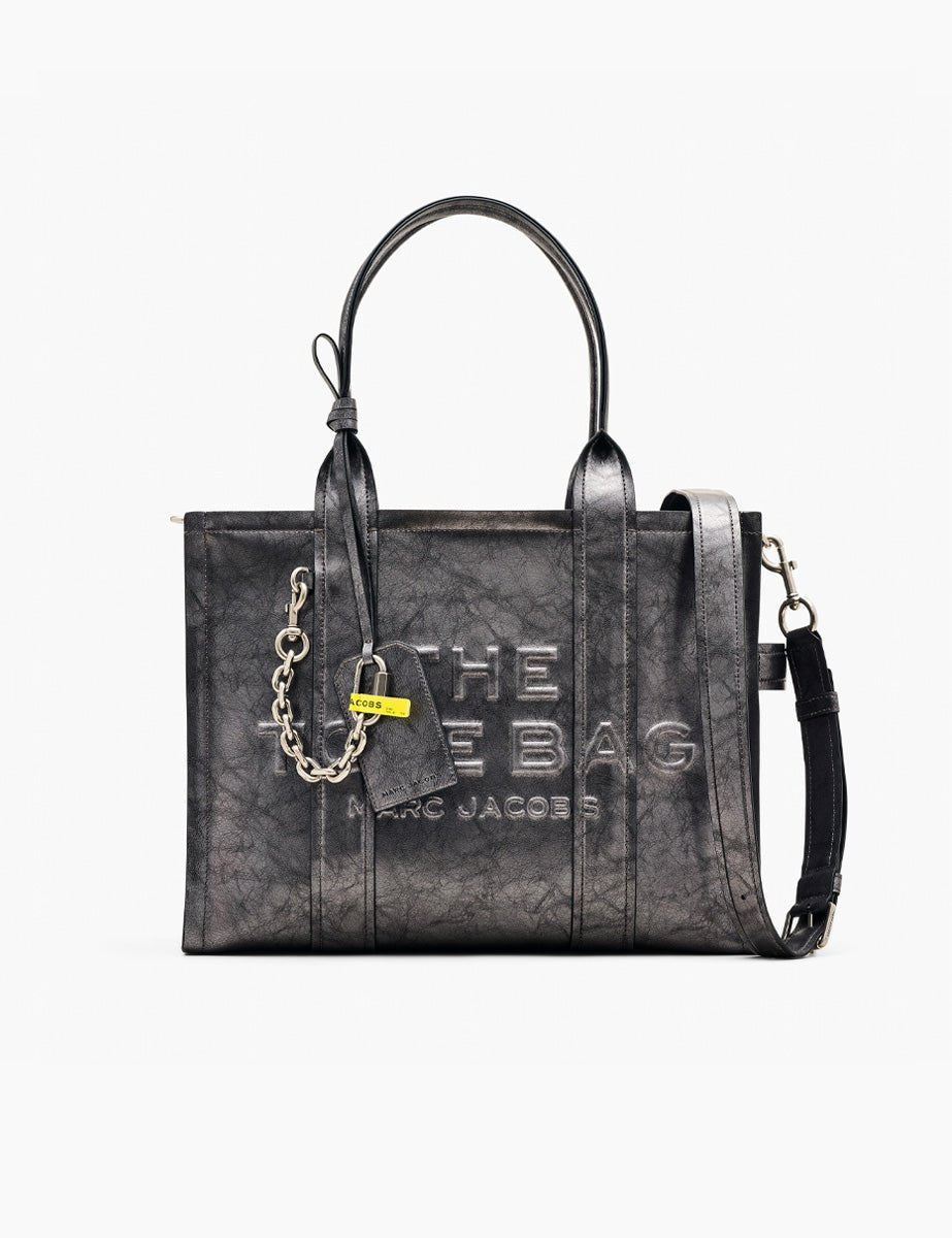 large tote bag leather metallic dark grey - marc jacobs - shopper