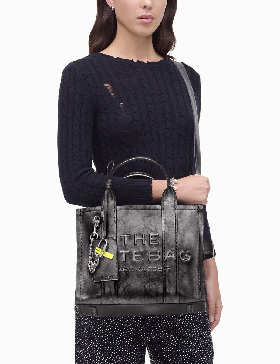 medium tote bag leather metallic dark grey - marc jacobs - shopper