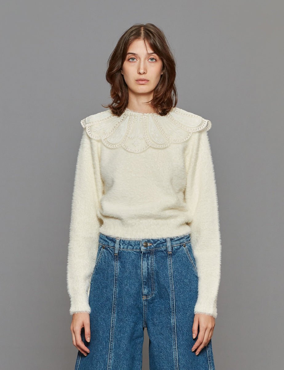 pullover collo pizzo panna - rotate - pullover