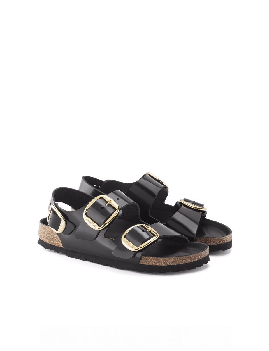 sandalo milano big buckle shine nero - birkenstock - flat