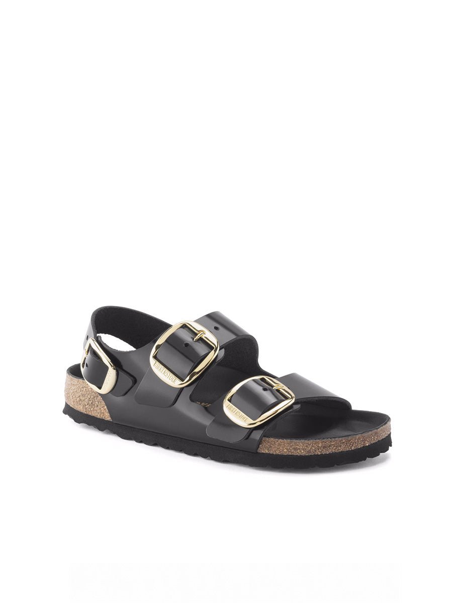 sandalo milano big buckle shine nero - birkenstock - flat