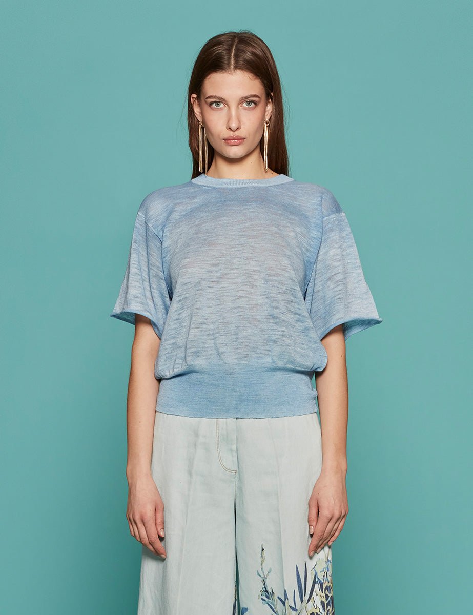 t-shirt girocollo lino spruzzato azzurro - roberto collina - t-shirt