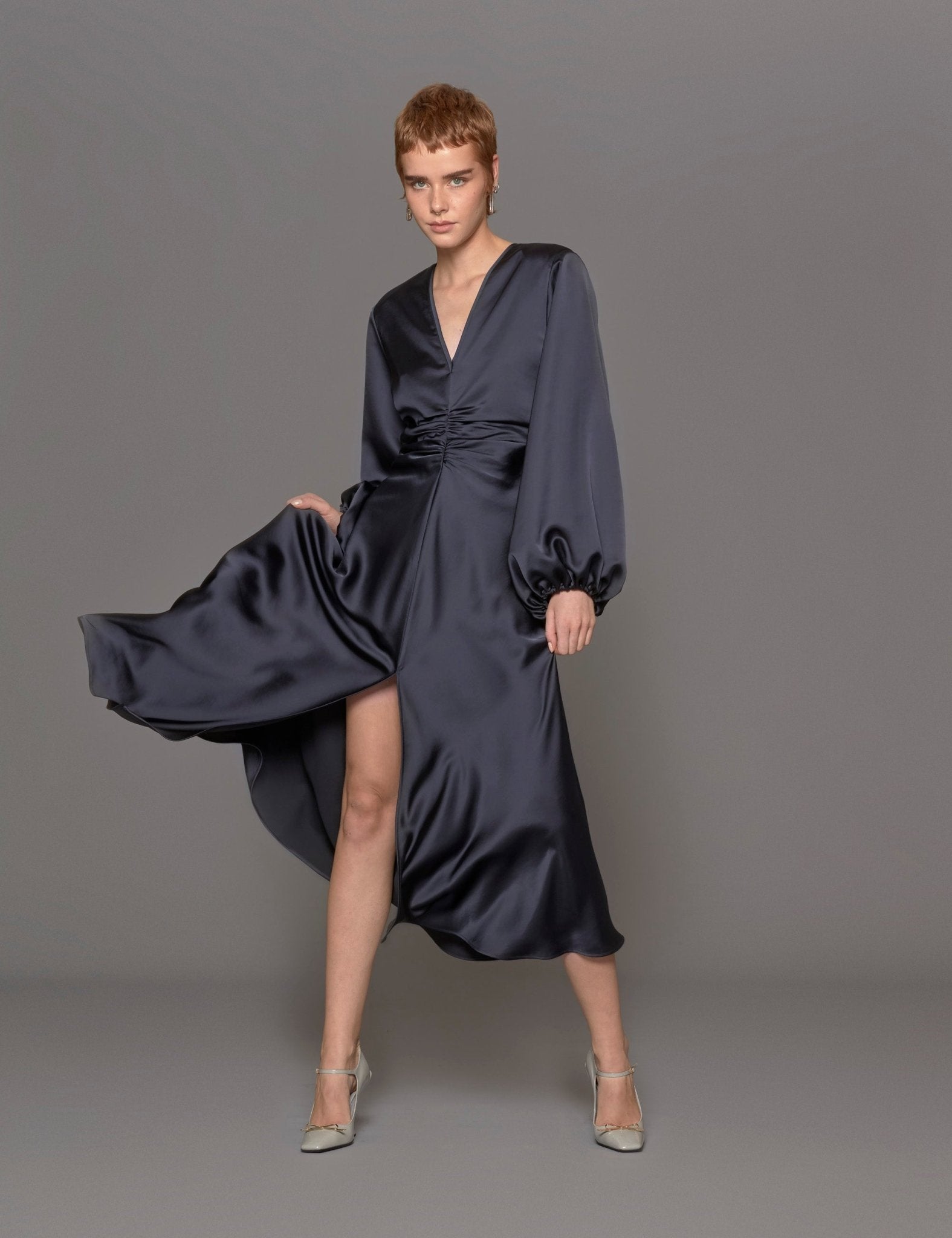 abito arricciato raso blu - Frida SRL