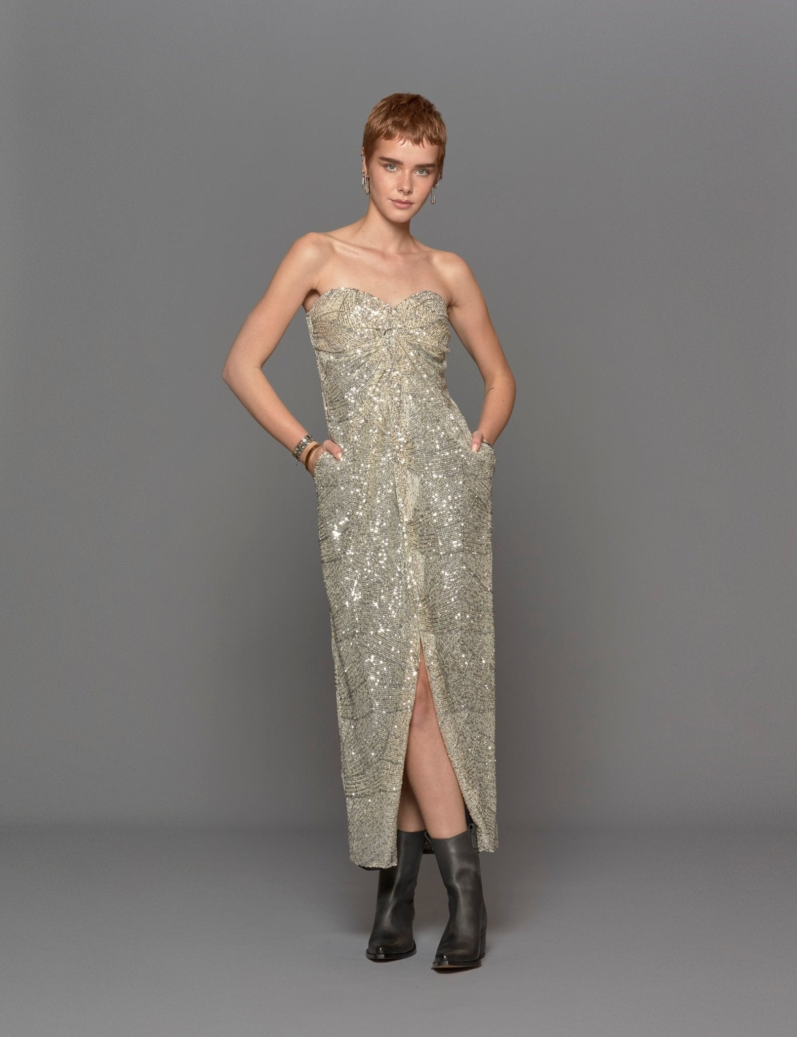 abito lungo paillettes argento - Frida SRL