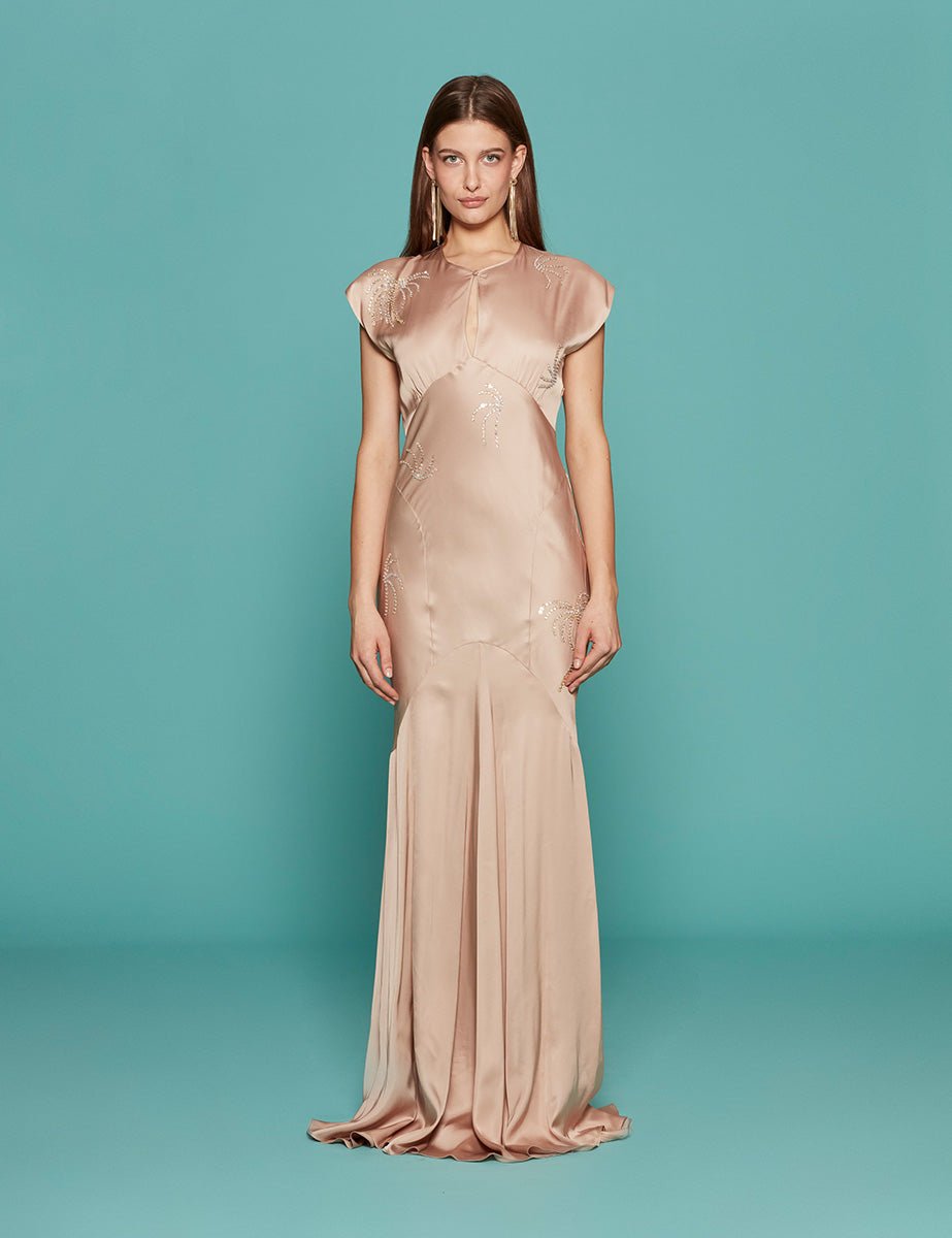 abito lungo ricamo palme raso viscosa cipria - n21 alessandro dell'acqua - abito