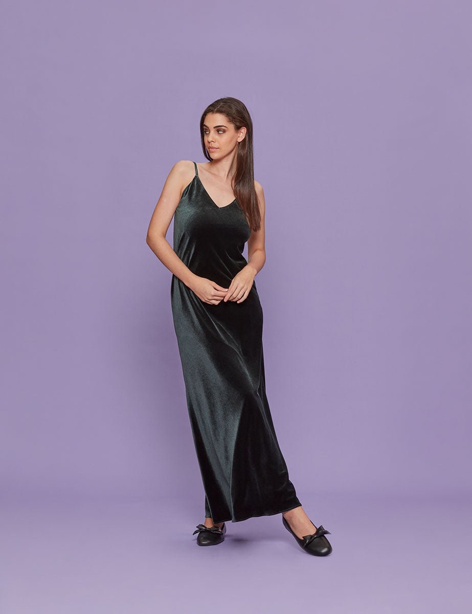 abito lungo velluto verde - Frida SRL