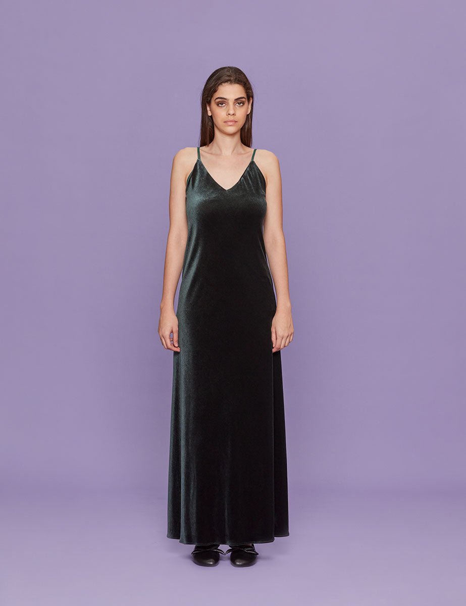 abito lungo velluto verde - Frida SRL