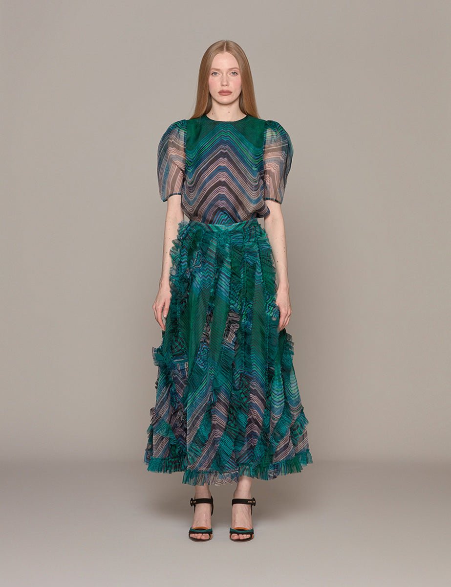 blusa lana chevron printed silk viridian - ulla johnson - camicia manica corta