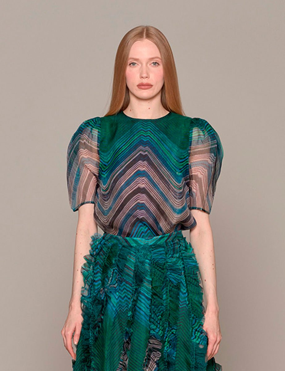 blusa lana chevron printed silk viridian - ulla johnson - camicia manica corta