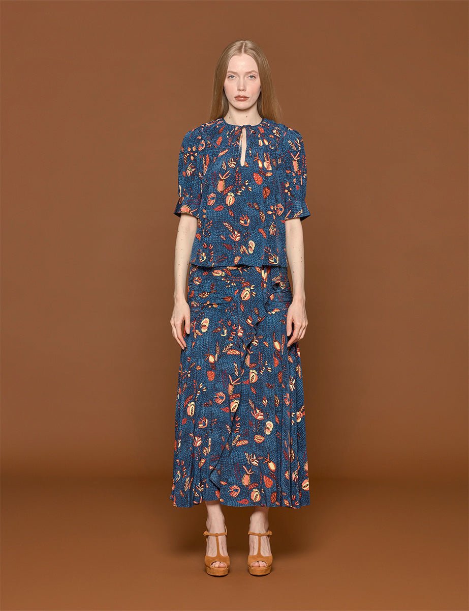 blusa shea botanical batik blue dahlia - ulla johnson - camicia manica corta