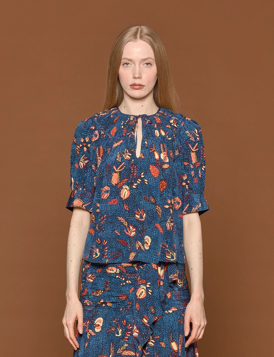 blusa shea botanical batik blue dahlia - ulla johnson - camicia manica corta