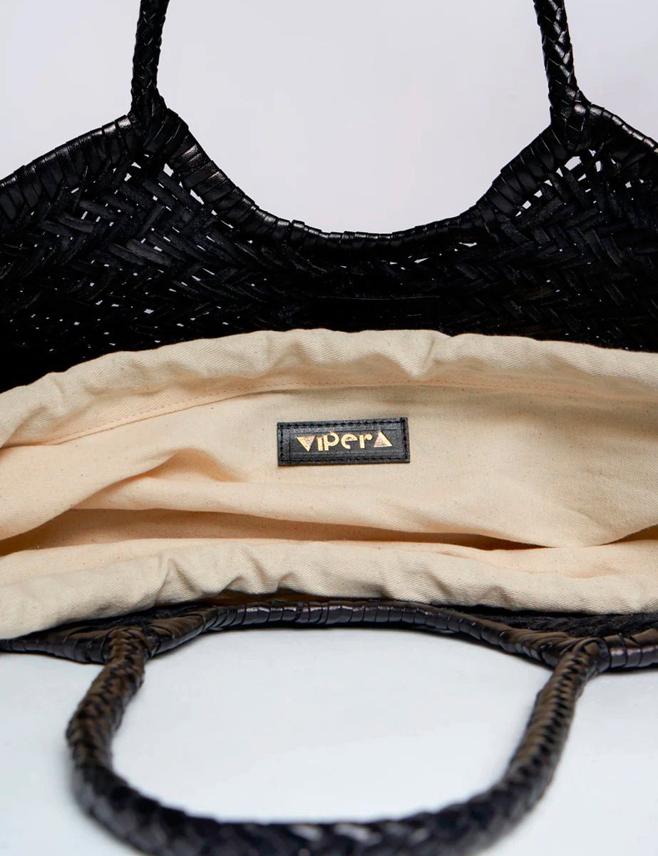 borsa intreccio pelle tela nero - vipera - shopper