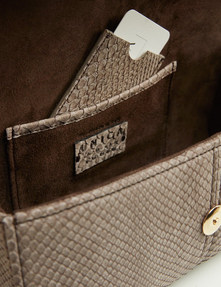 borsa pitone interno nabuk tortora - unica bag lab - clutch