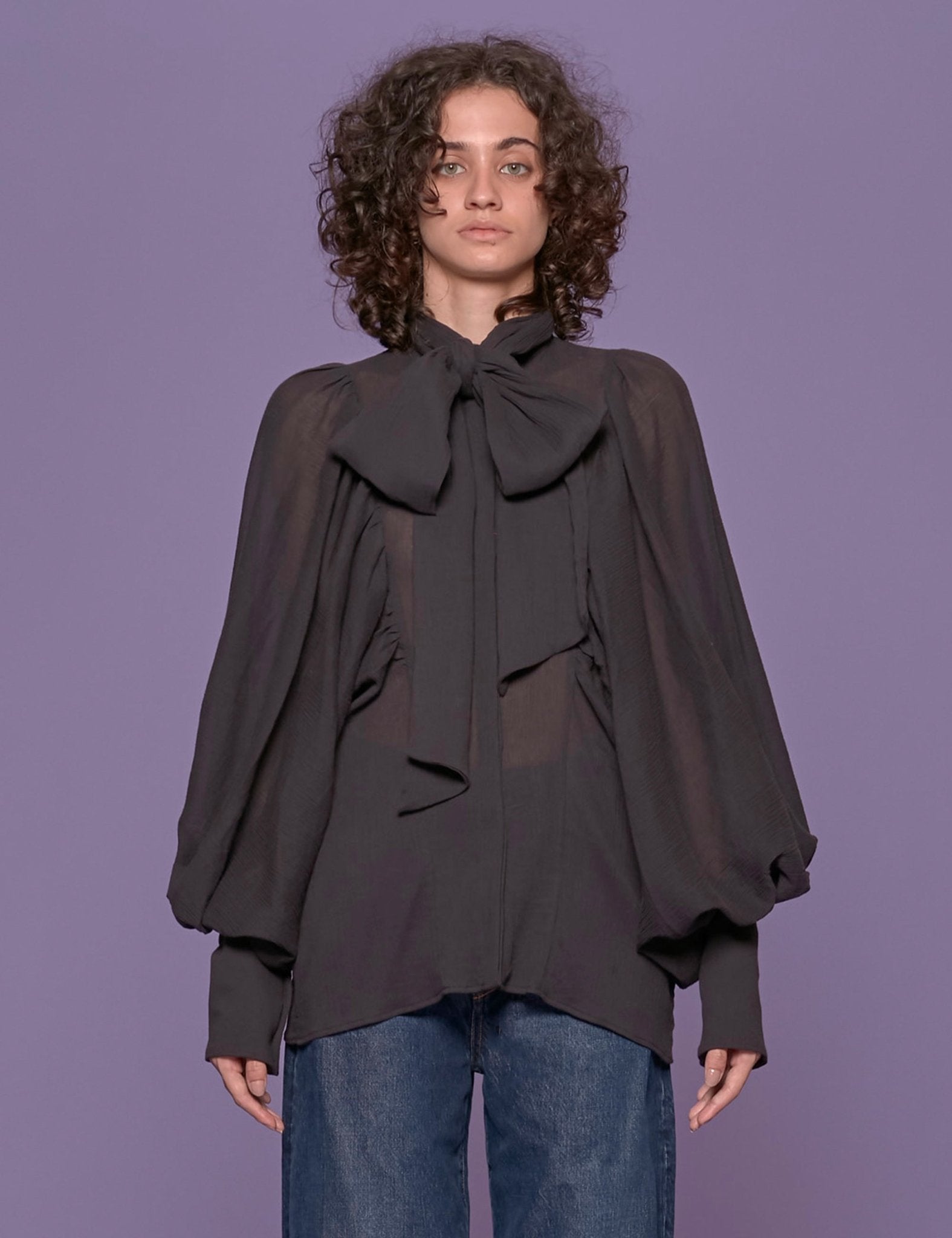 camicia manica sbuffo fiocco nero - the label edition - camicia manica lunga