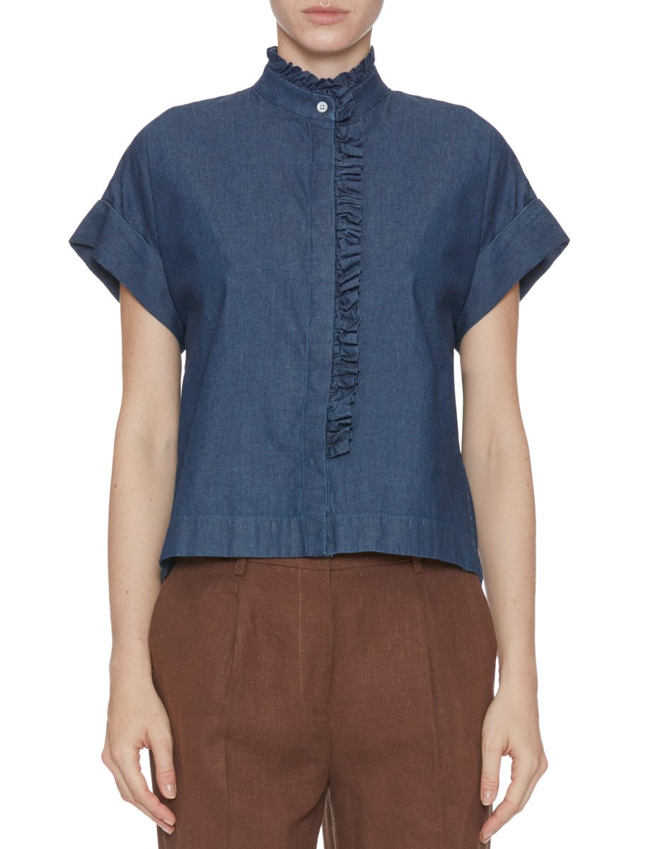 camicia rouches jeans denim blu scuro - mazzarelli - camicia manica corta
