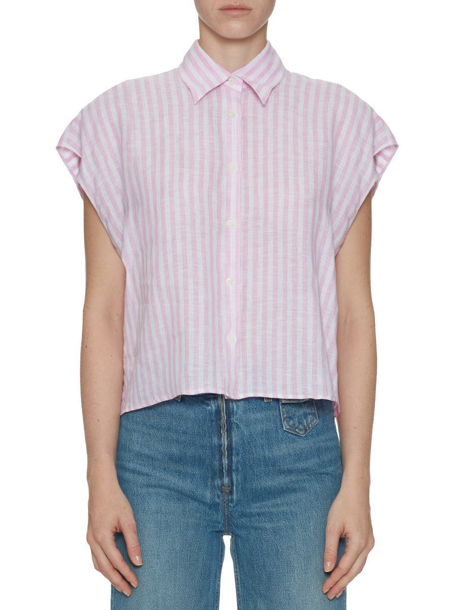 camicia smanicata lino riga rosa - mazzarelli - camicia manica corta