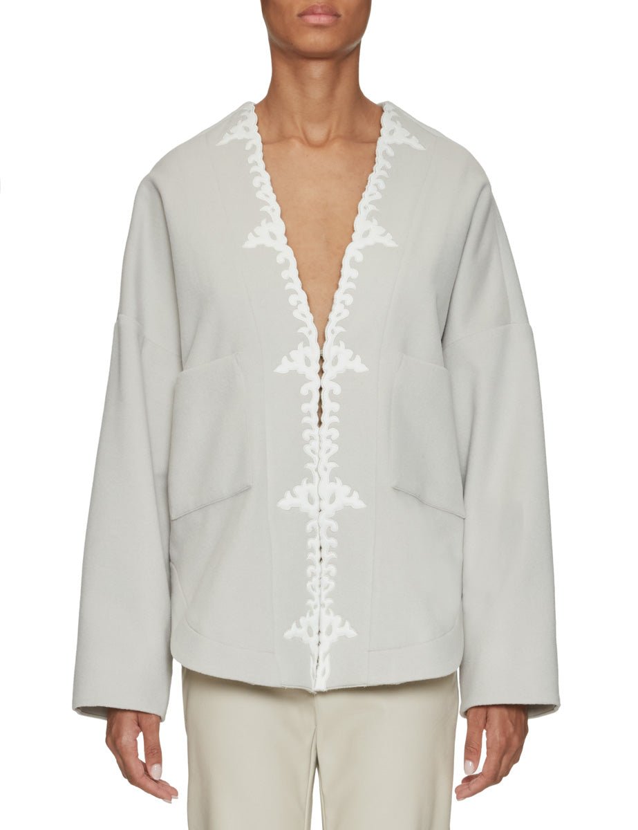 giacca kimono ricamo panno lana grigio perla - forte forte - giacca