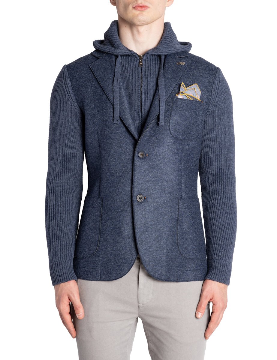 giacca monopetto maniche cappuccio maglia blu jeans - bob - giacca