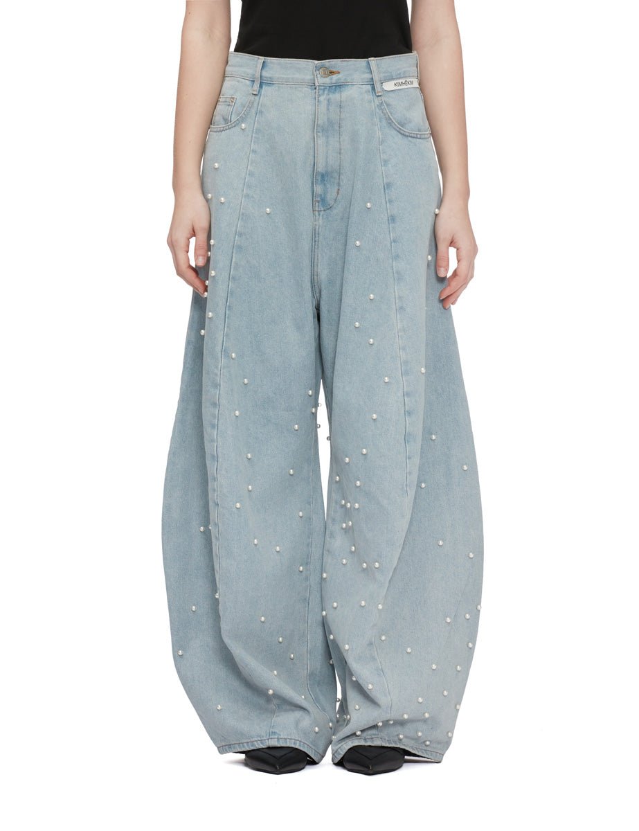 jeans pearl embellished balloon sky blue - Frida SRL