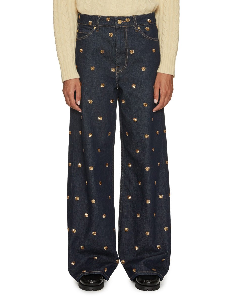 jeans the willow gamba larga ricami paillettes blu scuro - ulla johnson - jeans