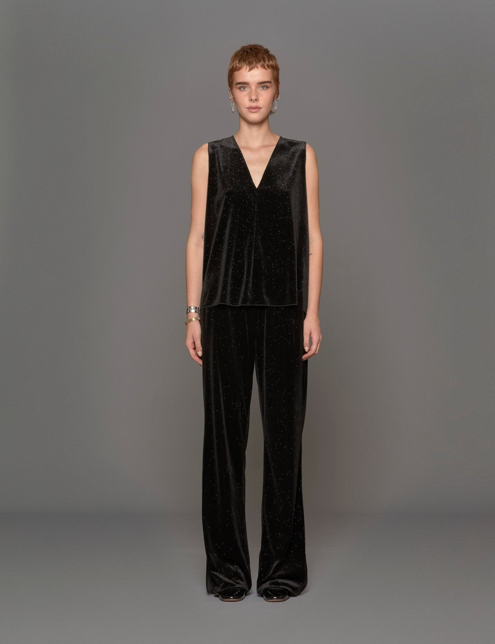 pantalone spacco velluto lurex nero - Frida SRL