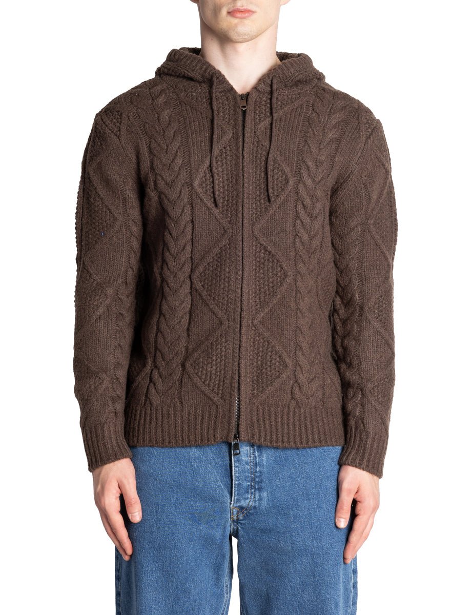 pullover cappuccio maglia lavorata marrone - alley docks - pullover